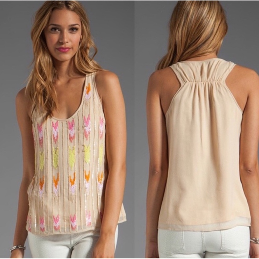 Trina Turk Beige Sequin Tank with Pink, Yellow & Orange Accents